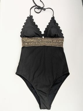 NWT Womens (S) Black One-Piece Swimsuit w/Gold Accents & Scalloped Halter Top